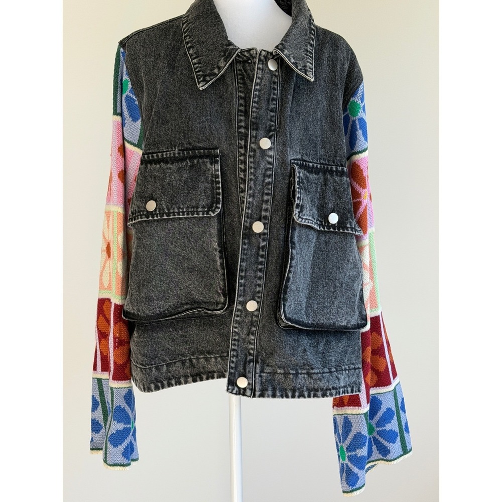 Davi & Dani Denim Jacket Black Knit Floral Sleeve Boho Hippie Y2K Textured XL